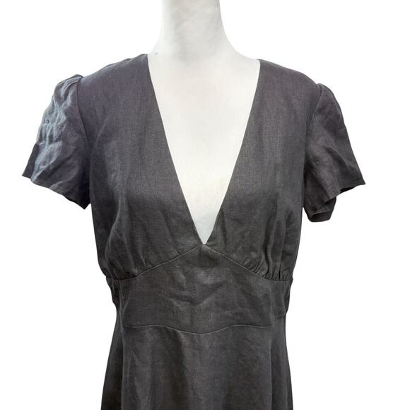 Linen Handmade Studio 100% Linen Midi Dress Size 14 Deep V Neck Sicily Black NWT - Picture 2 of 9
